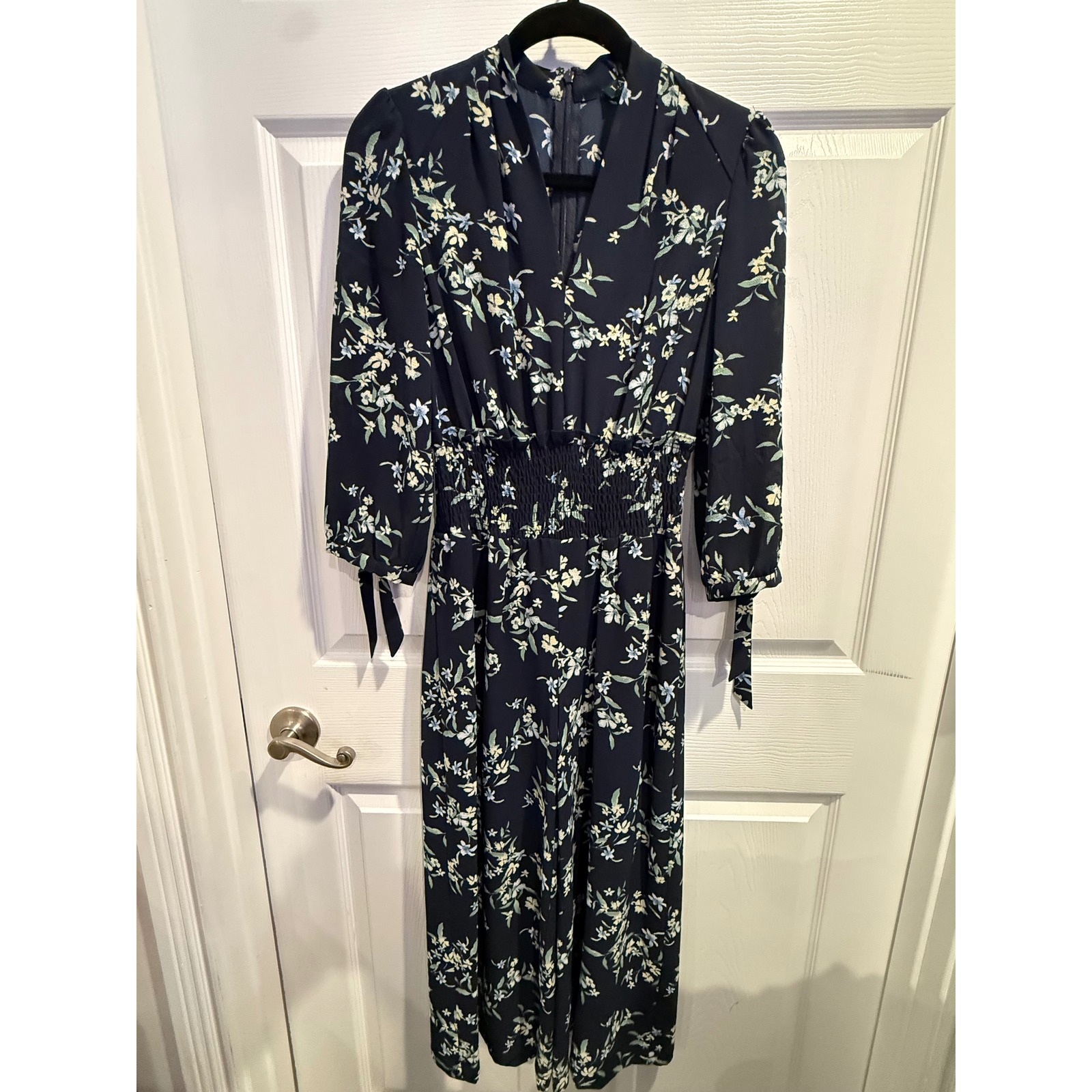 Lauren Ralph Lauren Navy Floral Print Smocked Waist Jumpsuit Wide Leg Size 0